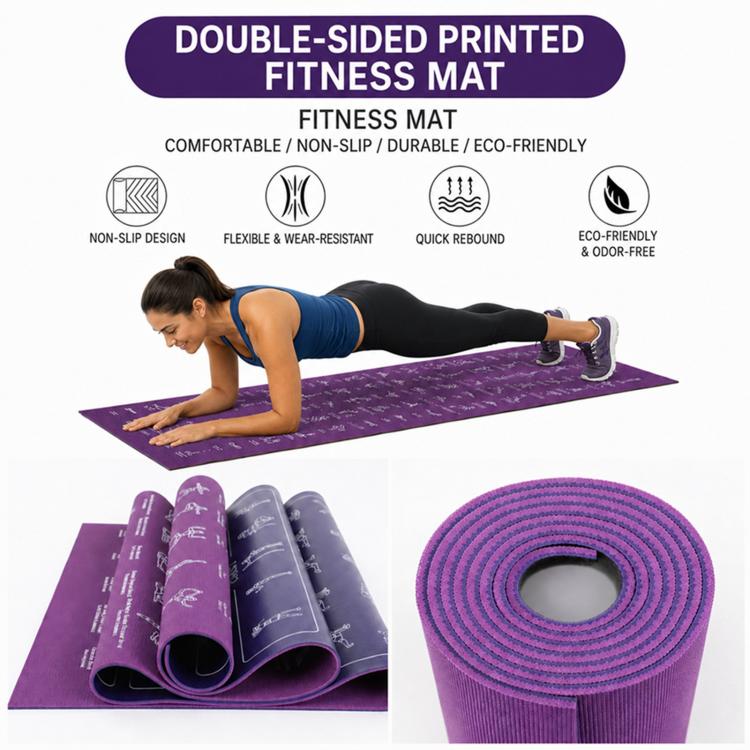 Purple yoga mat with printed pose icons and grippy, non-slip textured surface