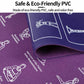 Purple yoga mat corner with printed pose outlines and non-slip textured underside