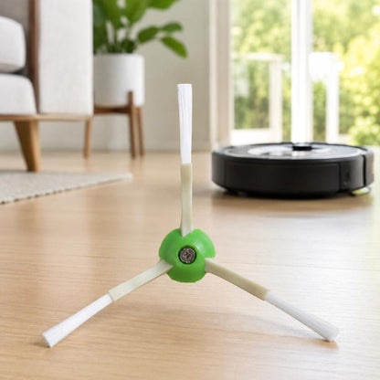 Triangle side brush with green hub and three white bristle arms for robot vacuums