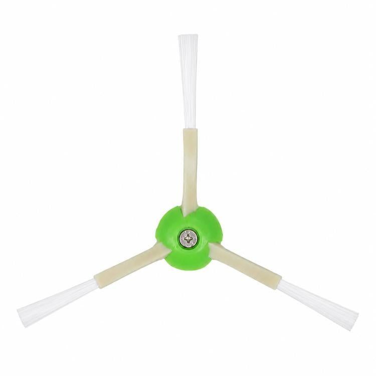 Three-arm side brush with green center hub and white bristles