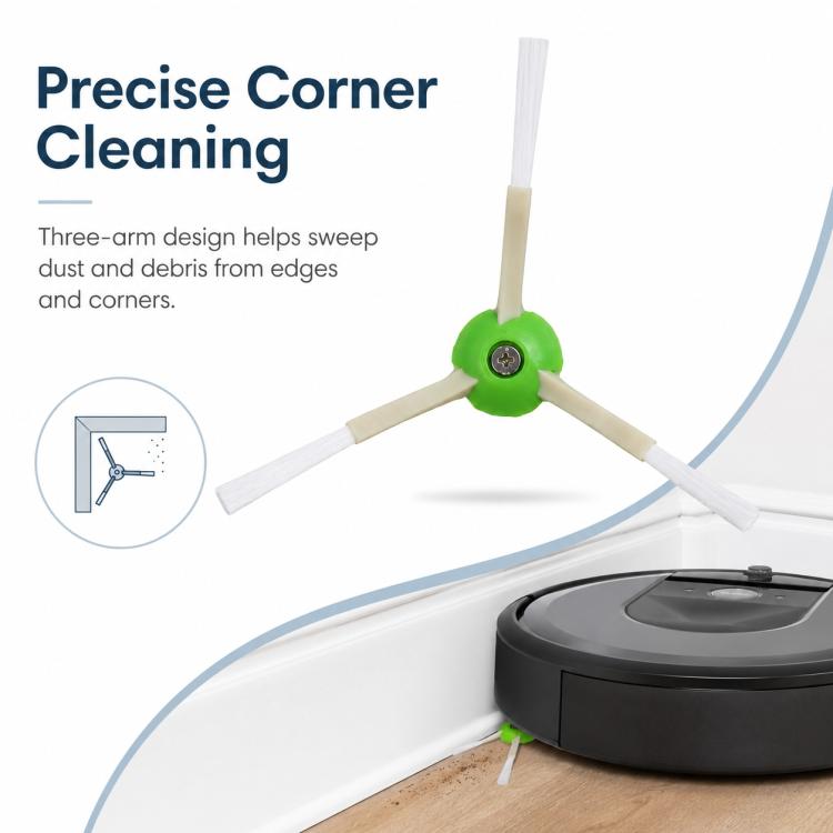 Robot vacuum side brush for corners, green hub with three white arms