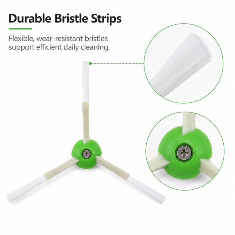 Three-arm side brush with green hub and flexible white bristle strips
