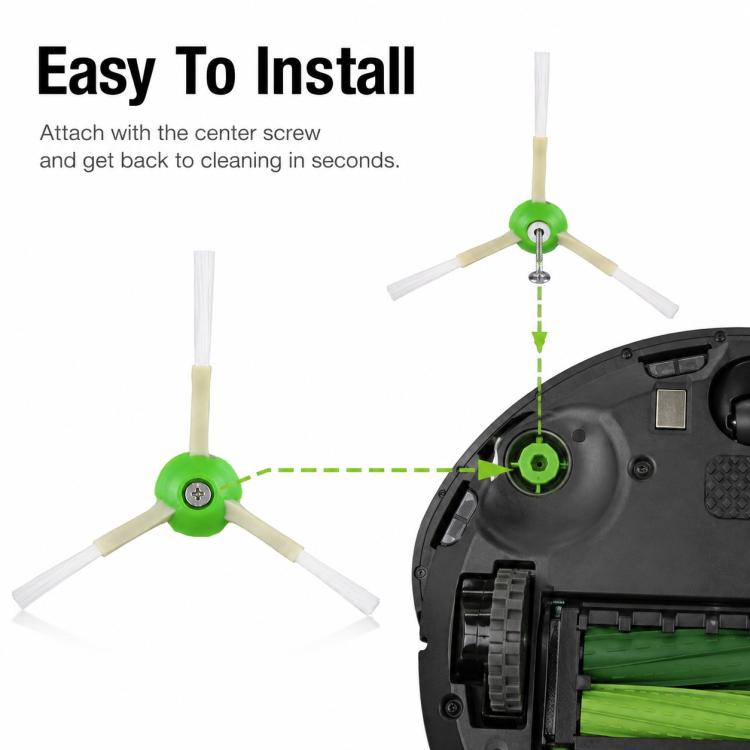Side brush replacement with green center hub and three white bristle arms