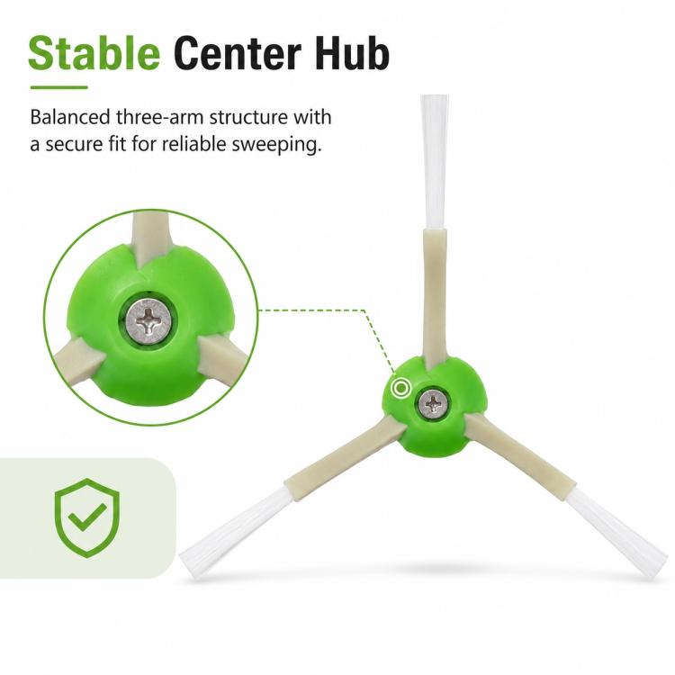 Triangle side brush with stable green center hub and three white bristle arms