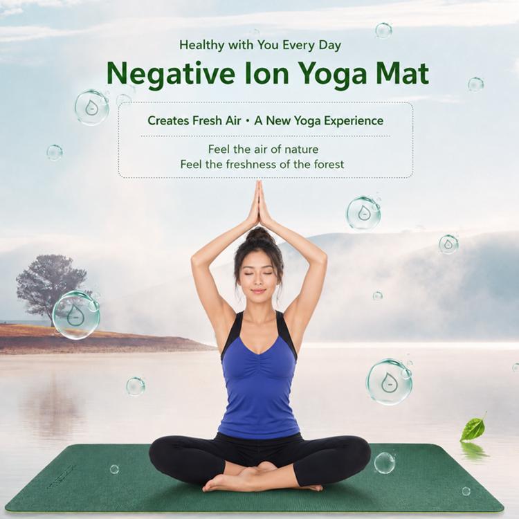 Negative ion yoga mat in dark green, laid flat for seated stretching practice.