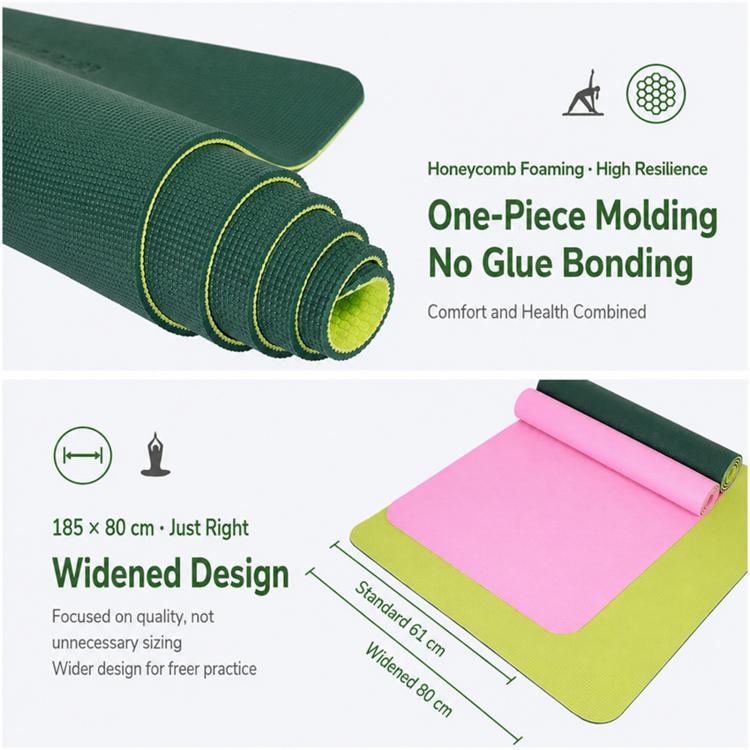 Rolled one-piece molded fitness mat with honeycomb foam look in teal and pink.
