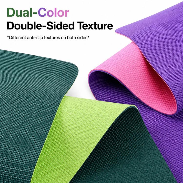 Dual-color double-sided fitness mat with purple and pink top texture and green underside.