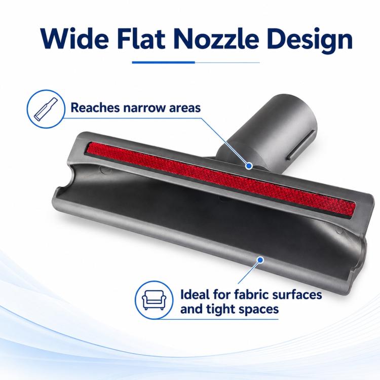 Wide flat nozzle brush head with red bristle strip and angled end