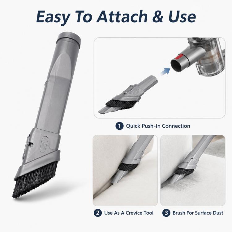 Narrow gray vacuum brush with push-in connection and stiff bristle cleaning head.