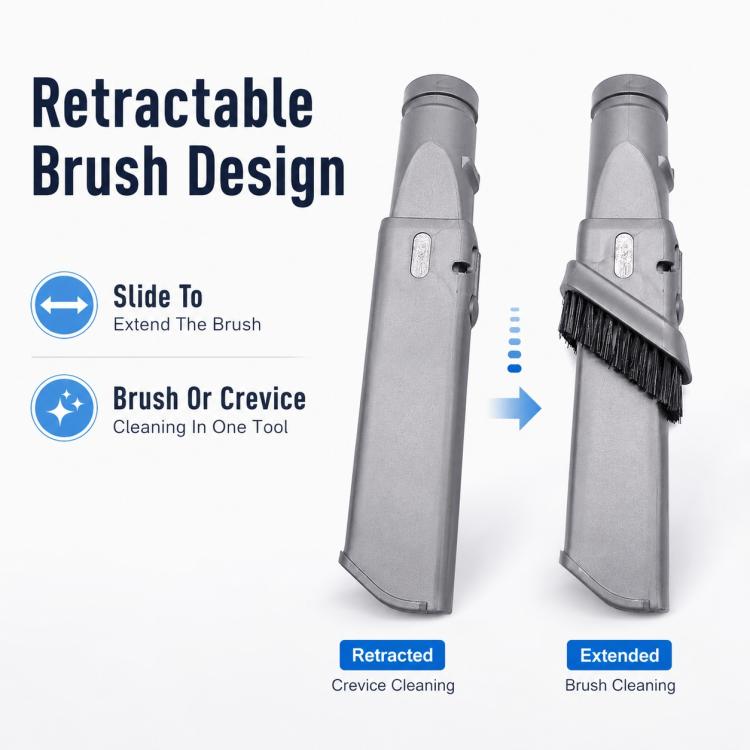 Retractable narrow brush head that slides between crevice mode and extended bristle mode.