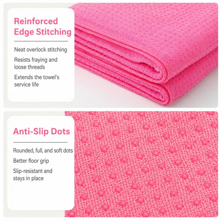 Pink yoga towel with reinforced stitched edge and textured anti-slip dot pattern.