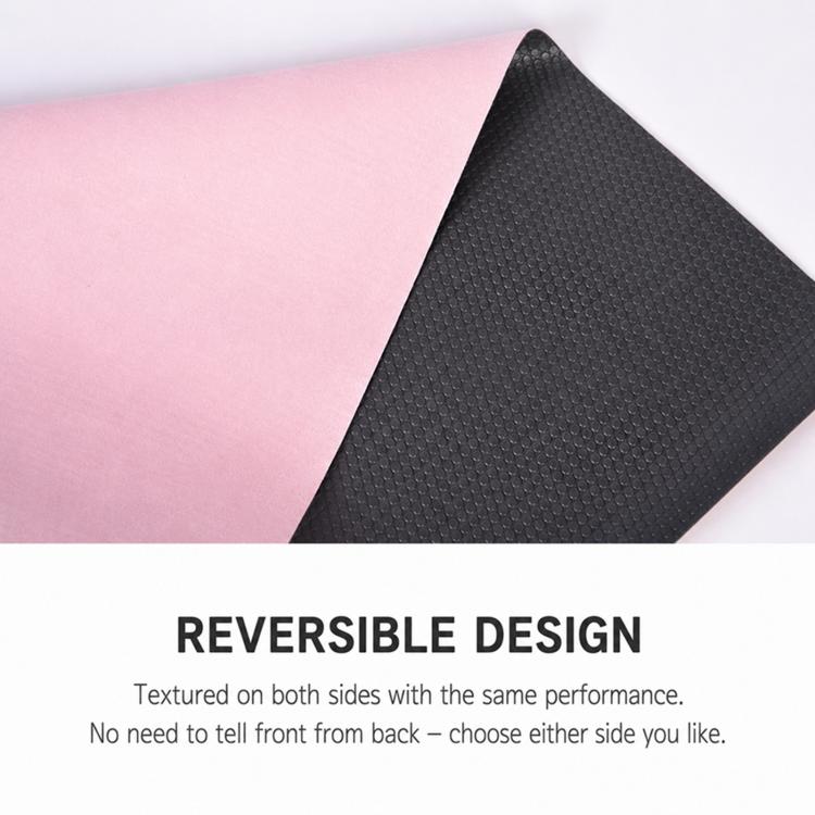 Pink microfiber suede yoga mat with contrasting black textured non-slip side