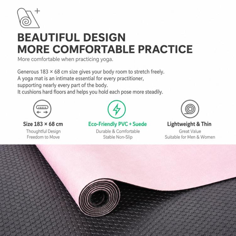 Rolled black microfiber suede yoga mat over pink surface, non-slip texture visible