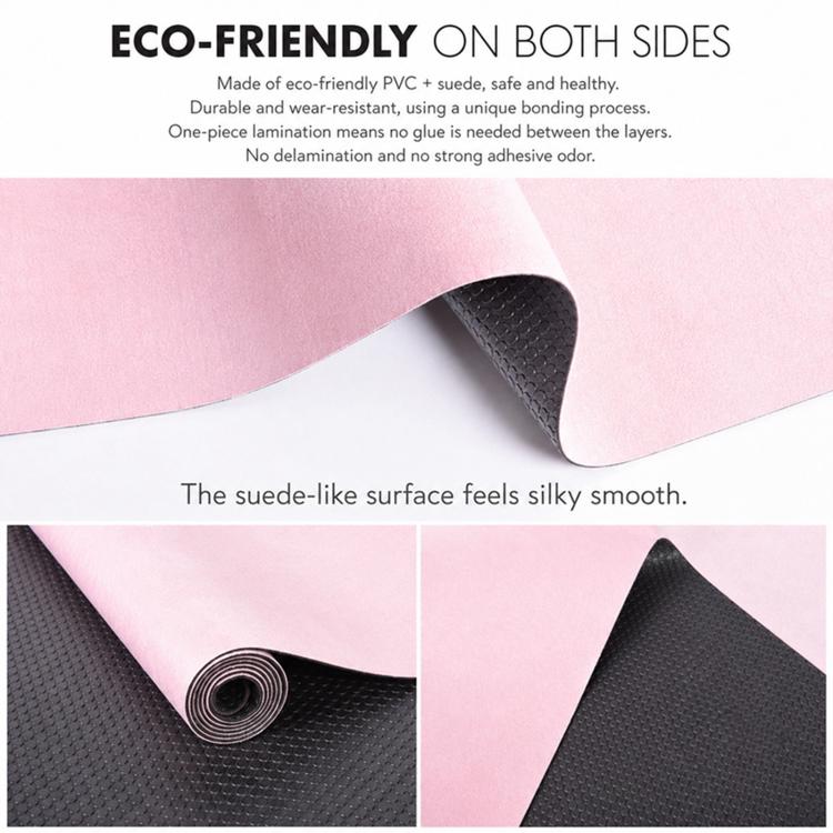 Microfiber suede yoga mat showing pink top and black non-slip textured side