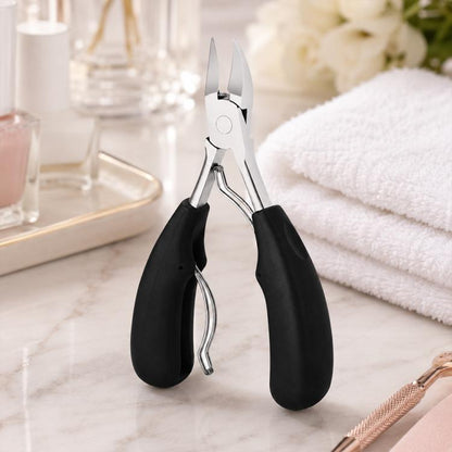 Stainless steel nail nipper with black non-slip handles and curved eagle-beak tips