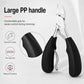 Stainless steel nail nipper with large black handle grips and curved cutting jaws