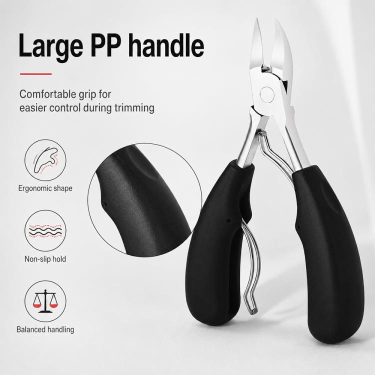 Stainless steel nail nipper with large black handle grips and curved cutting jaws