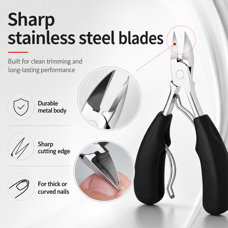 Stainless steel nail nipper with sharp metal blades and black ergonomic handles