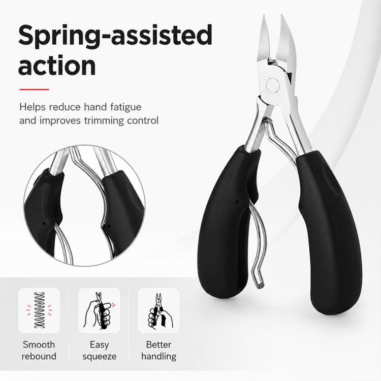 Spring-assisted stainless steel nail nipper with black handles and hinged action
