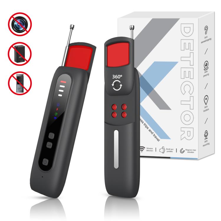 Handheld IR and GPS signal detector with red scanner window and indicator lights
