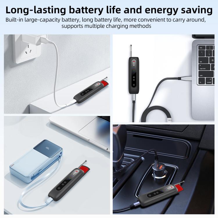Handheld signal detector with charging cable and ports, shown near electronics