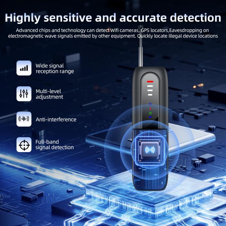 Handheld signal detector on electronics board with blue glow and LED indicators