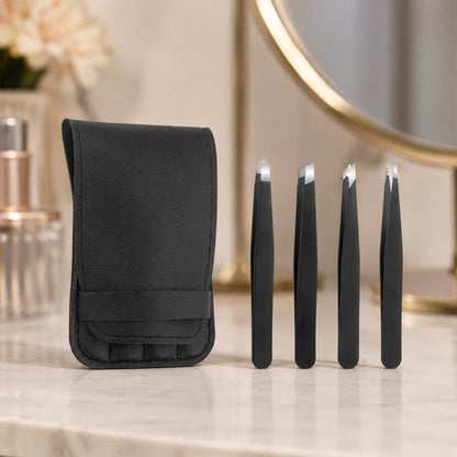 Black PU leather pouch with four precision metal eyebrow tweezers kit