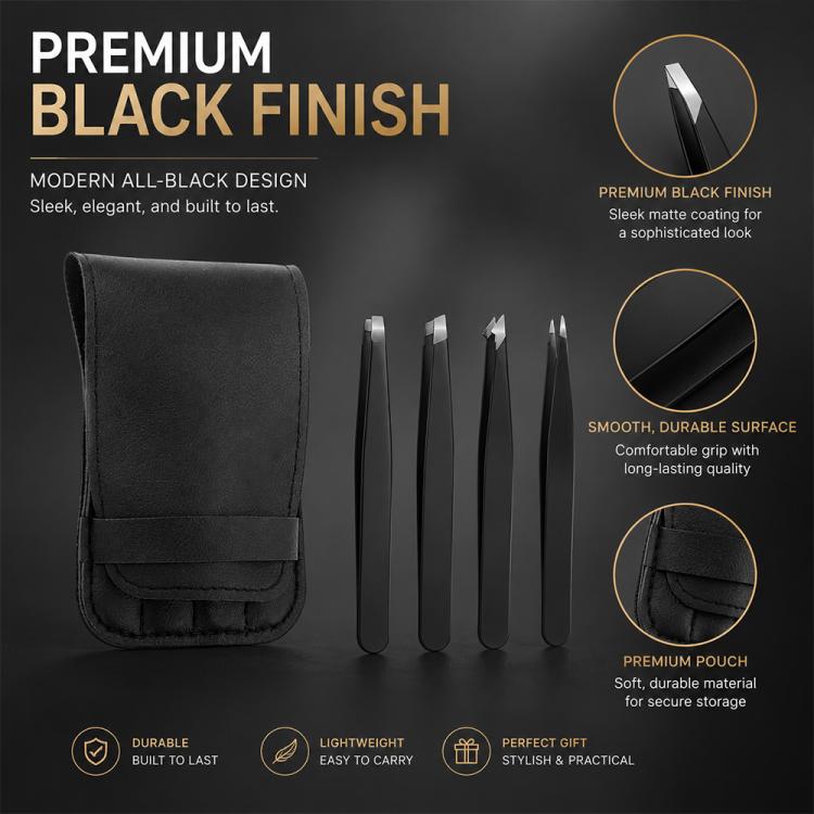 Black eyebrow tweezer kit: 4 stainless steel tweezers with a black PU pouch