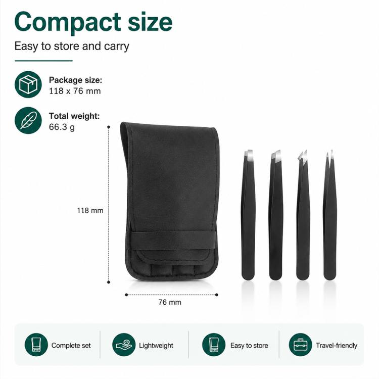 Compact black PU leather pouch with four precision eyebrow tweezers