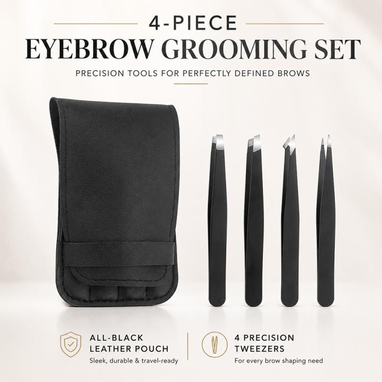 4-piece eyebrow grooming set with black PU pouch and four precision tweezers