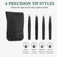 Black pouch with four precision eyebrow tweezers showing different tip styles