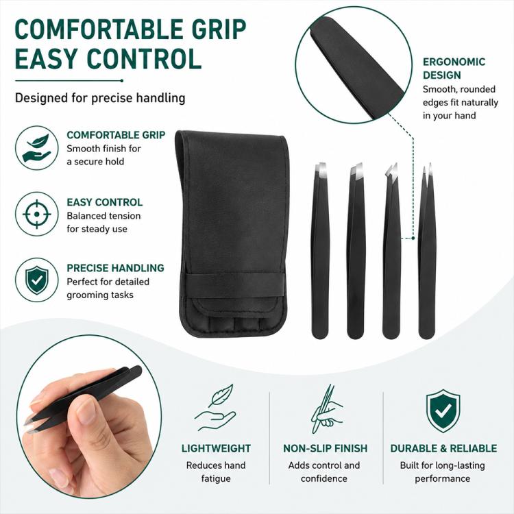 Black PU pouch with four ergonomic metal eyebrow tweezers for detailed grooming