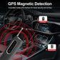 Handheld RF signal detector with red sensor cap and side buttons, placed in car interior