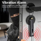Handheld RF detector with red sensor cap and LED indicators, in a wall/door setup