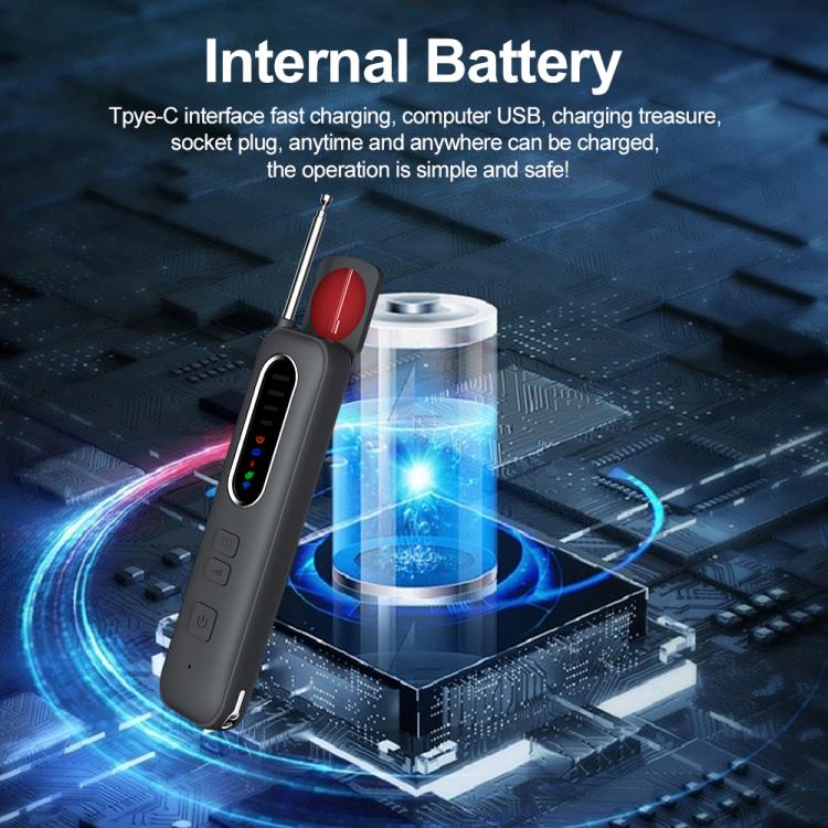 Handheld RF signal detector with antenna and red sensor, charging with blue light