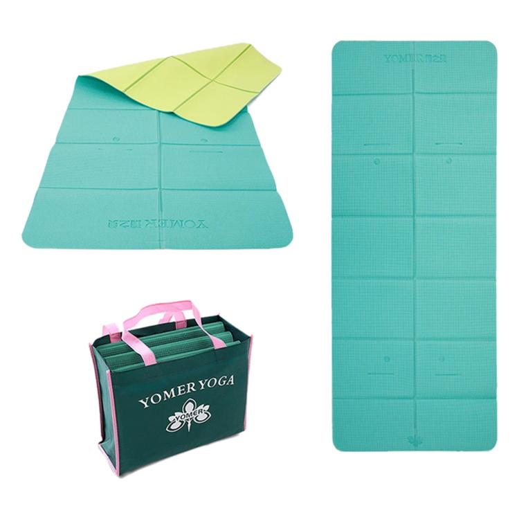Foldable travel yoga mat in teal with lime green fold-over cover