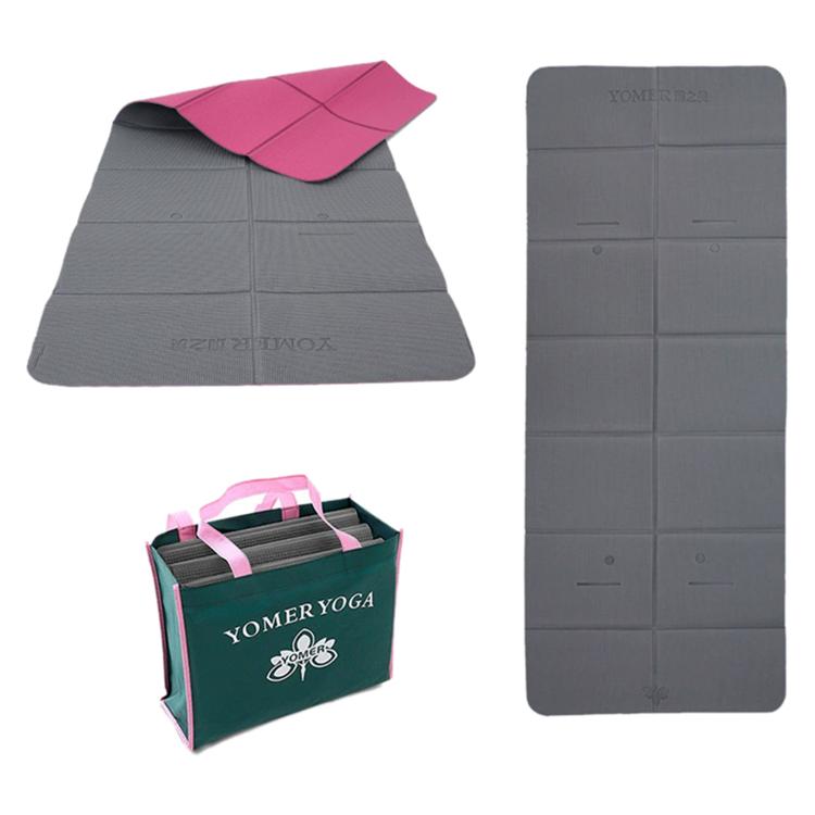 Foldable travel yoga mat in light gray with pink fold-over cover