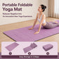 Purple foldable yoga mat with seated woman stretching