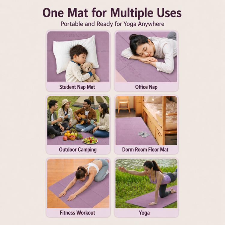 Purple foldable yoga mat shown with multiple use scene icons
