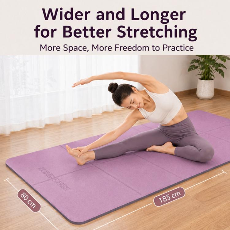 Purple foldable yoga mat under a stretching person