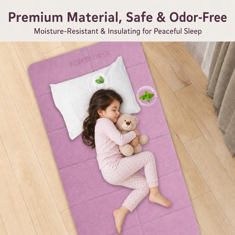 Purple foldable yoga mat with a child lying on it holding a teddy bear