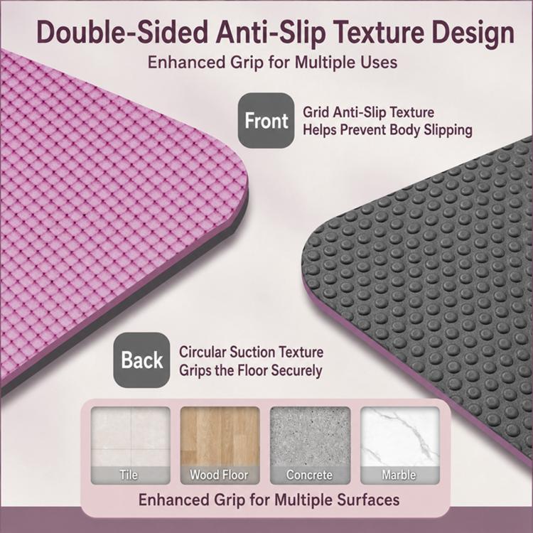 Double-sided anti-slip yoga mat pad, pink textured grip and dark circular suction side