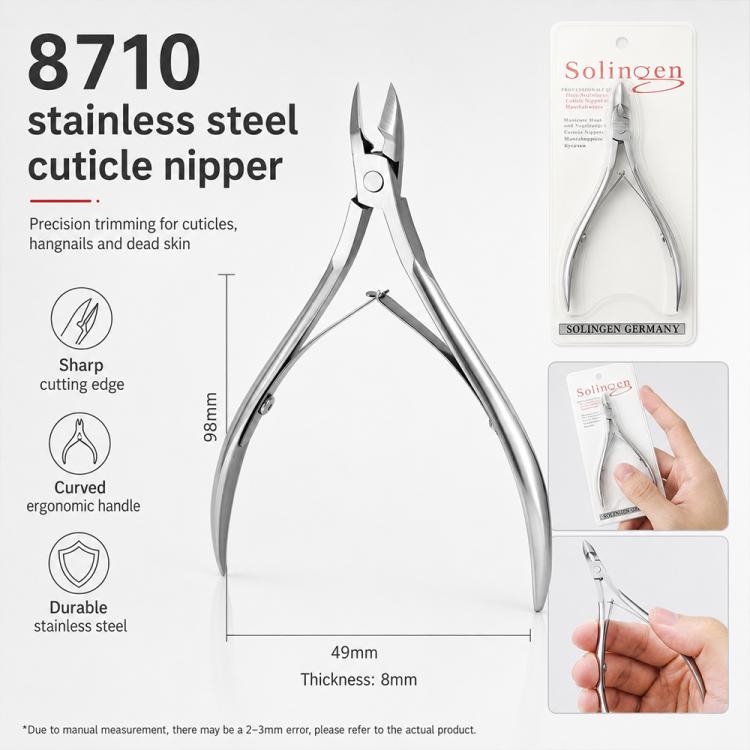Stainless steel cuticle nipper with pointed jaws and curved ergonomic handle