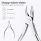 Stainless steel cuticle nipper with sharp precision blades, angled view