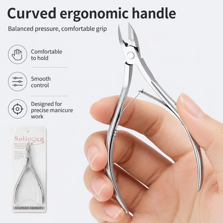Curved ergonomic stainless steel cuticle nipper held in a hand