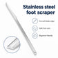 Stainless steel foot scraper with curved blade edge and round hole on handle