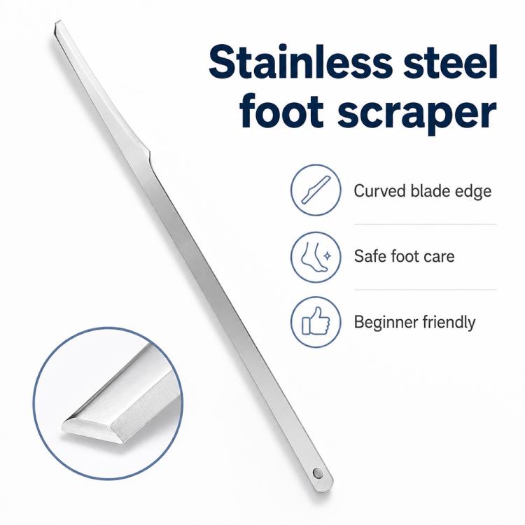 Stainless steel foot scraper with curved blade edge and round hole on handle