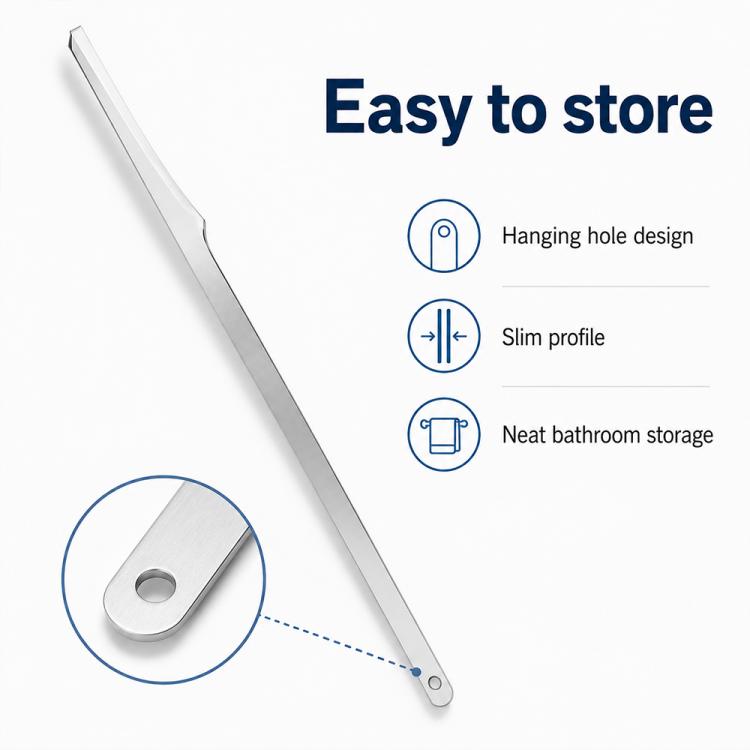 Stainless steel foot scraper with slim handle, round hanging hole, and curved blade