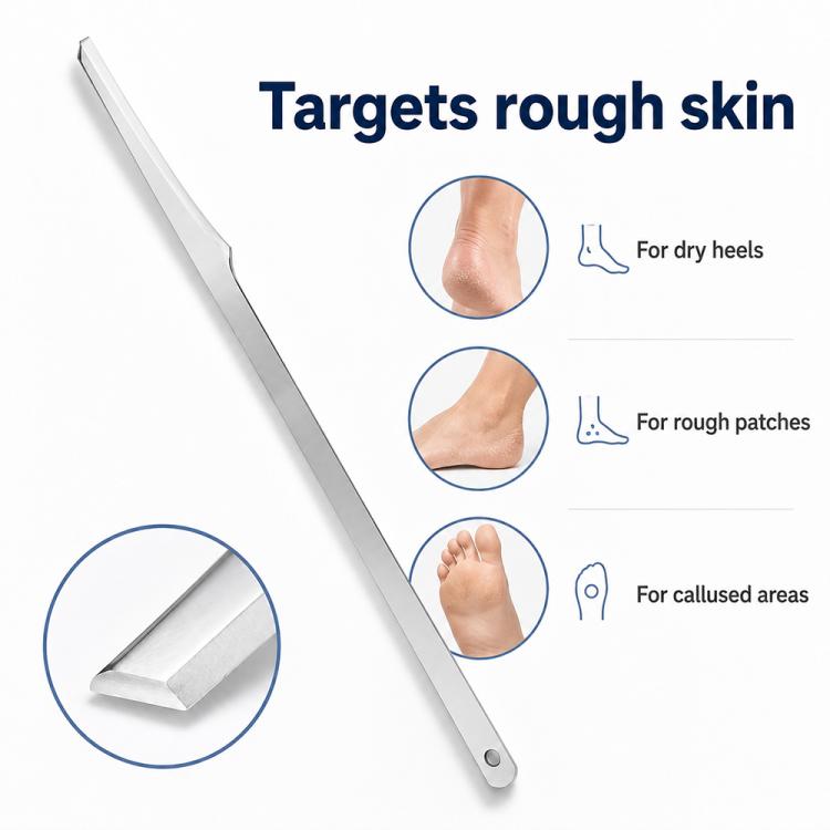 Stainless steel heel scraper with pointed curved blade and round hole in handle