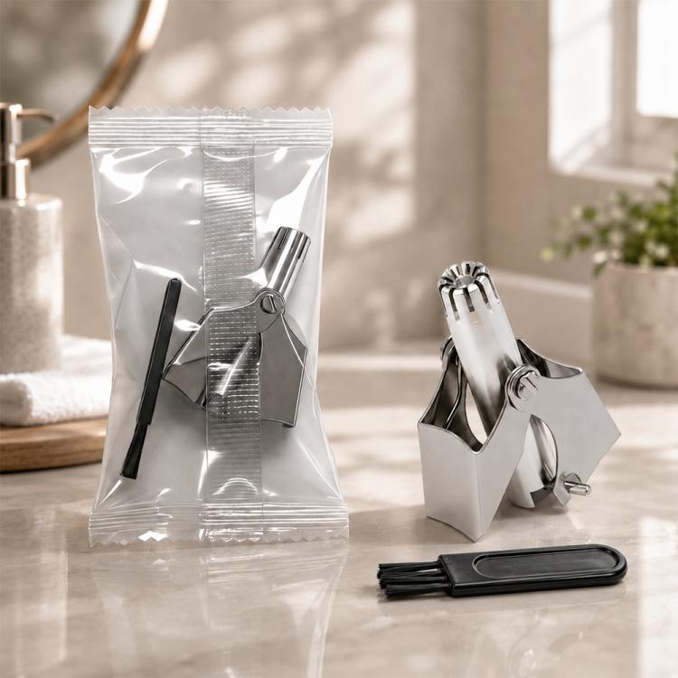 Stainless steel manual nose hair trimmer with folding stand and cleaning brush